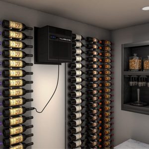 Through the wall wine cellar cooling system chilling wine bottles on wall wine racks.