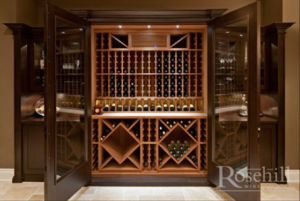 wine cellar's cooling system hidden by wooden grill