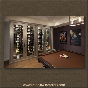 wine cellar in basement rec room, billiards table