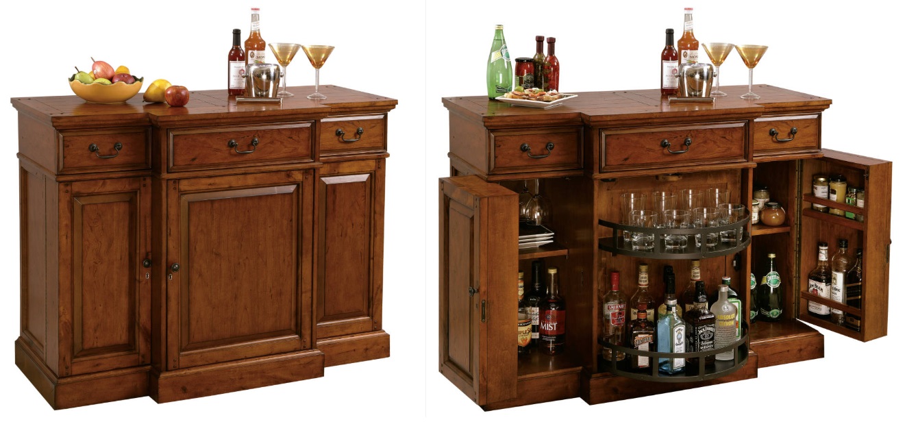 Howard Miller bar furniture, wine cabinet with doors open, console