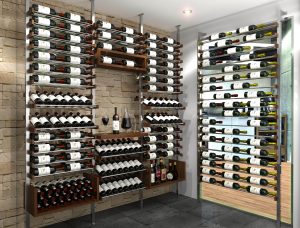 Pristine rows of wine bottles stored in custom cellar.
