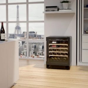 Wine cooler in a condo with the city of Paris in the background.