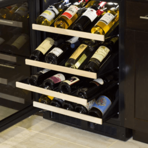 Wine cooler with organized wine bottles in vintage storage.