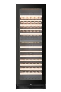 Vantaggio wine cooler with arranged wine racks and lit up with LED lighting.