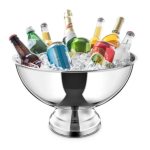 Stainless steel wine bucket filled with mixed drinks on ice.